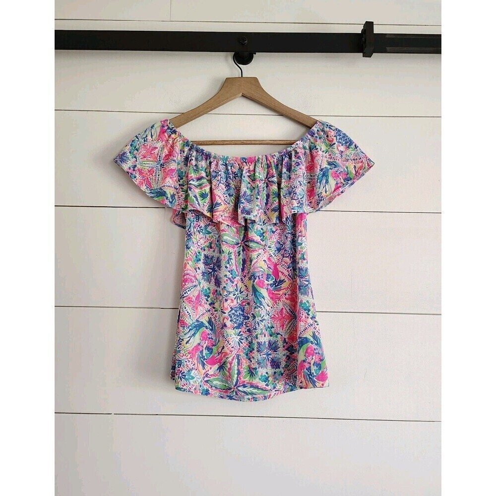 Lilly Pulitzer Off Shoulder Ruffle Top Womens Size XXS Tropical Print Colorful - Picture 2 of 10